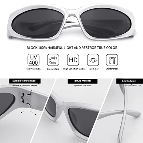 knliwkm 2 Pairs Y2K Wrap Around Sunglasses Sports Futuristic Oval Glasses for Women Men Trendy Fashion Shades Silver - Image 4