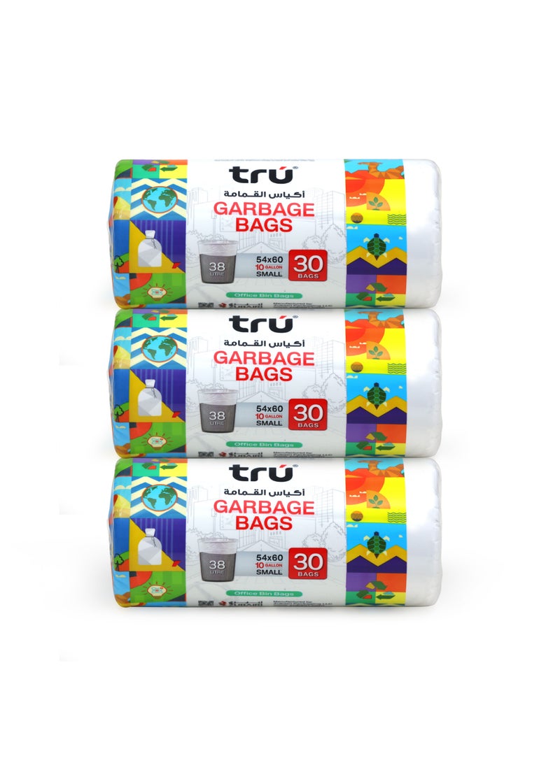 Tru Pack of 3 - Garbage Bags Compact Roll White10 Gallon, 54x60cm, Small (Office bins) - 30 bags x 3 white - Image 1