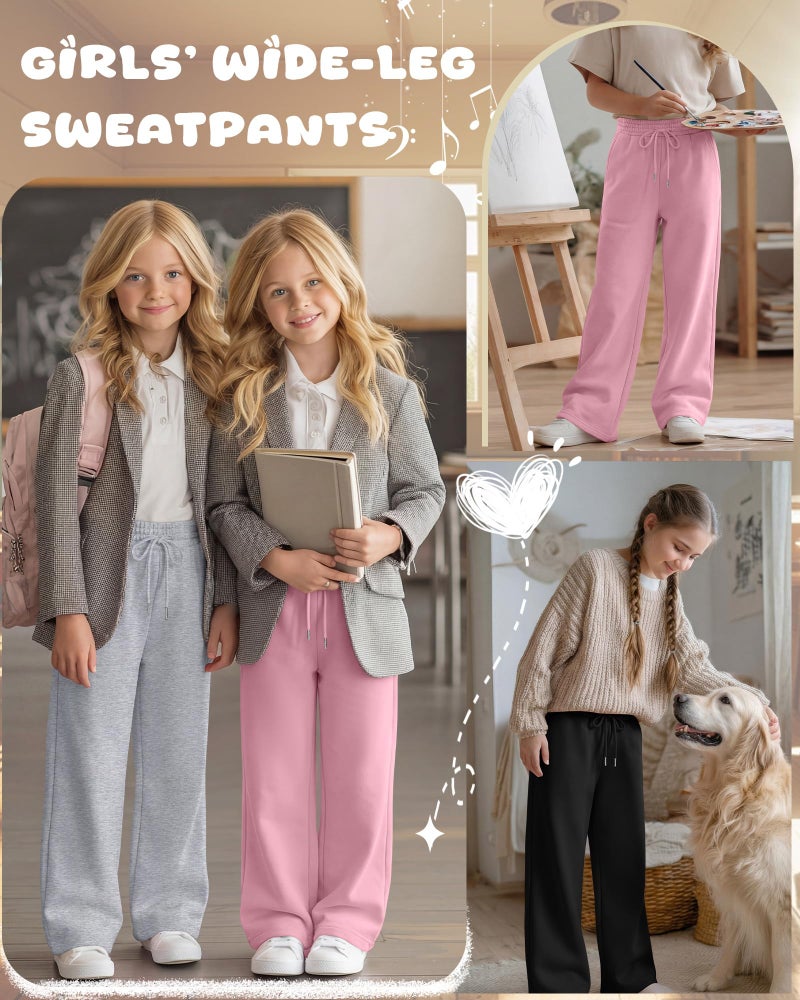 LessonZoo Teen Girls Sweatpants Wide Leg Drawstring Baggy Pants Straight Leg Athletic Trousers with Pockets Size 5-14(Pink, Light Heather Gray, Black,7-8 Years) - Image 3