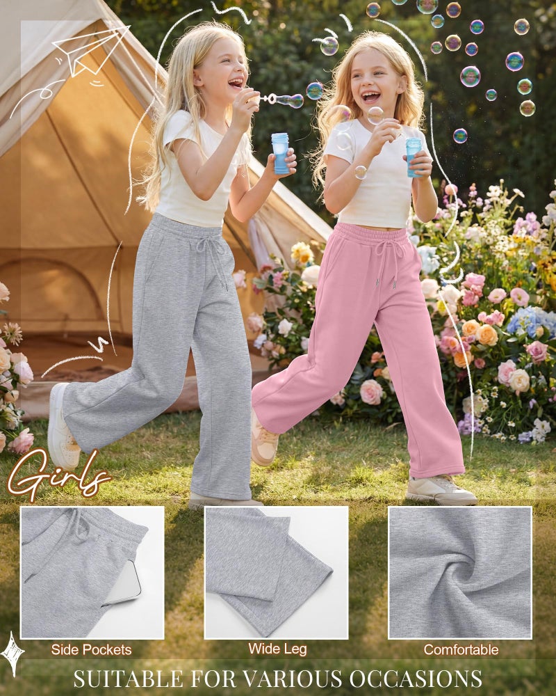 LessonZoo Teen Girls Sweatpants Wide Leg Drawstring Baggy Pants Straight Leg Athletic Trousers with Pockets Size 5-14(Pink, Light Heather Gray, Black,7-8 Years) - Image 5