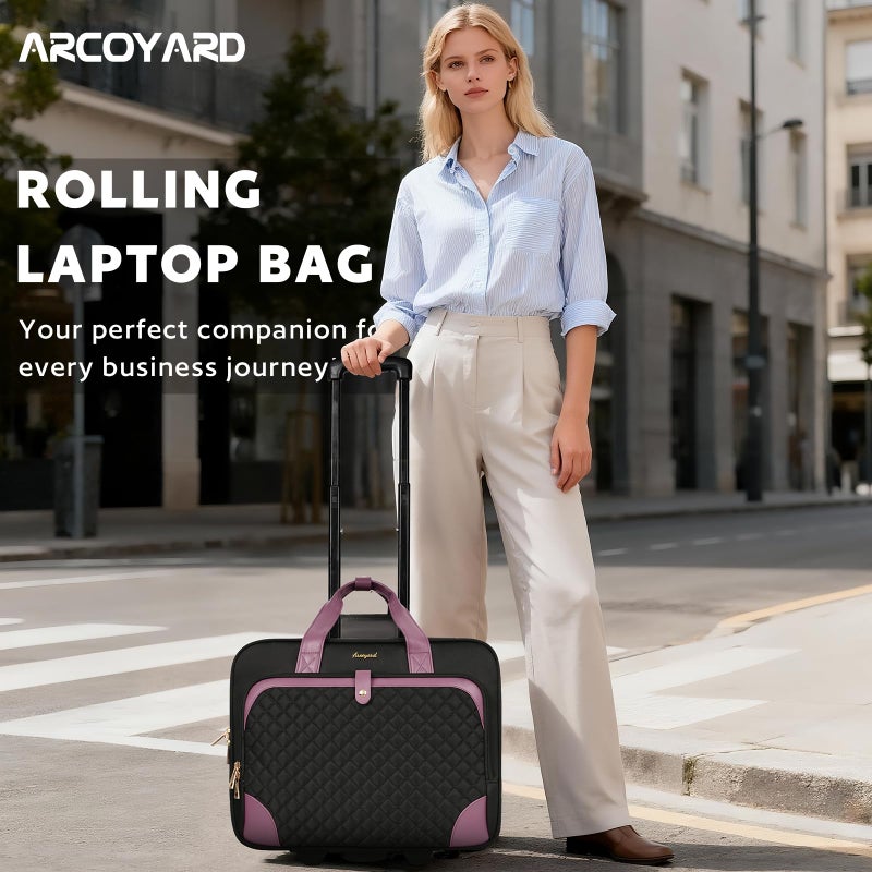 Arcoyard Rolling Laptop Bag, Large Rolling Briefcase for Women with Waterproof Pocket, 17.3 Inch Computer Bag Laptop Case with Wheels, Roller Work Bag for Office Travel Business Teacher, Black Purple - Image 3