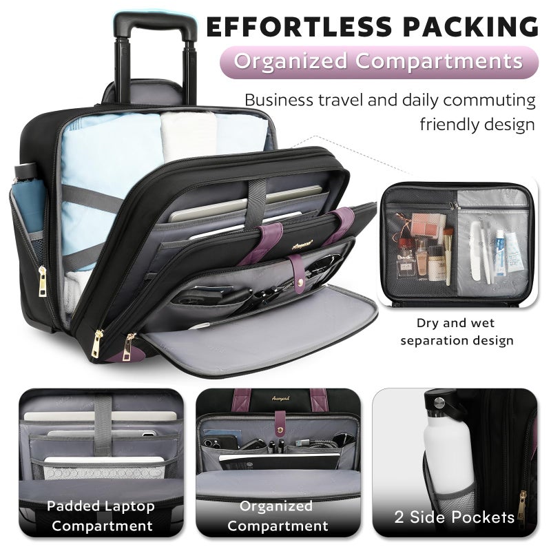 Arcoyard Rolling Laptop Bag, Large Rolling Briefcase for Women with Waterproof Pocket, 17.3 Inch Computer Bag Laptop Case with Wheels, Roller Work Bag for Office Travel Business Teacher, Black Purple - Image 4
