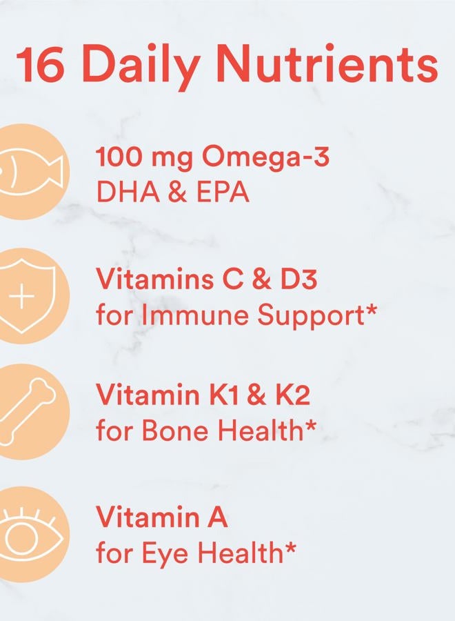 Kids Multivitamin Gummies: Omega 3 Fish Oil (EPA/DHA), Vitamin D3, C, Vitamin B12, B6, A, K & Zinc for Immune Support, Biotin, Grape, Cherry & Berry Flavors, 120 Count (30 Day Supply)