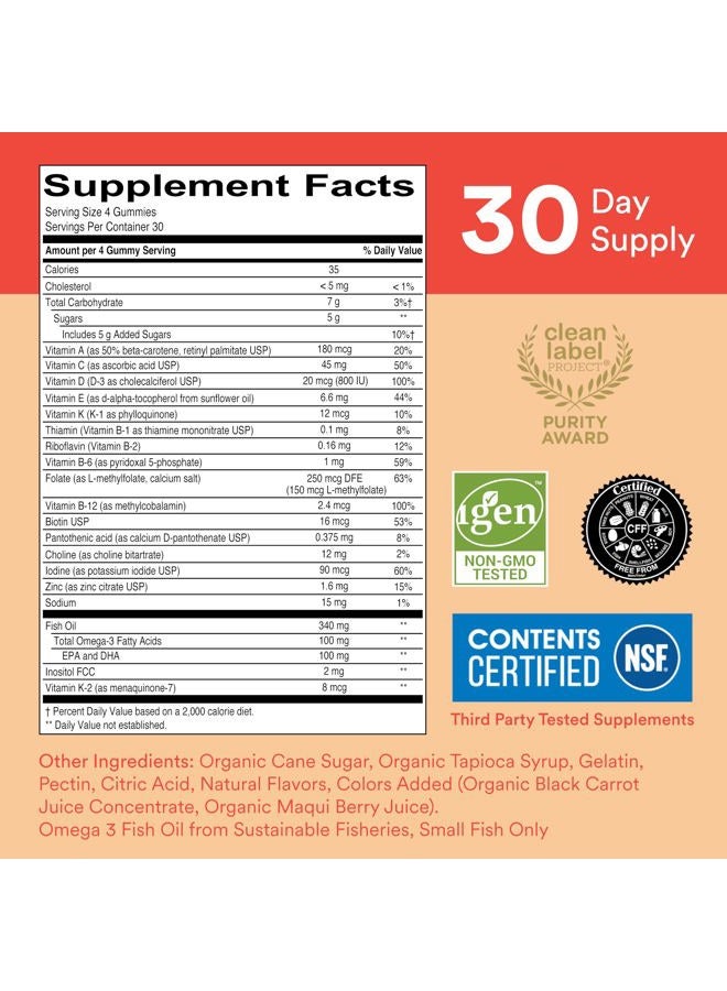 Kids Multivitamin Gummies: Omega 3 Fish Oil (EPA/DHA), Vitamin D3, C, Vitamin B12, B6, A, K & Zinc for Immune Support, Biotin, Grape, Cherry & Berry Flavors, 120 Count (30 Day Supply)
