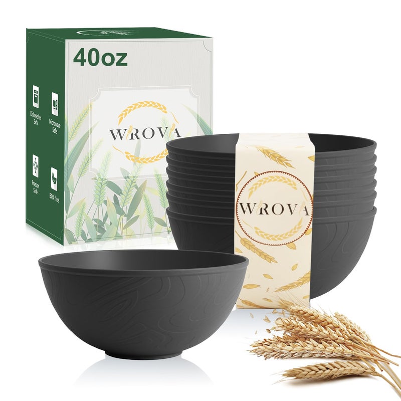 Wrova Black Cereal Bowls 40oz for Cereal Lover,Unbreakable Alternative Plastic Bowls Set of 6,Extra Thick Anti-Scald Bowl Sets suitable for Salad,Soup and Fruit. - Image 1