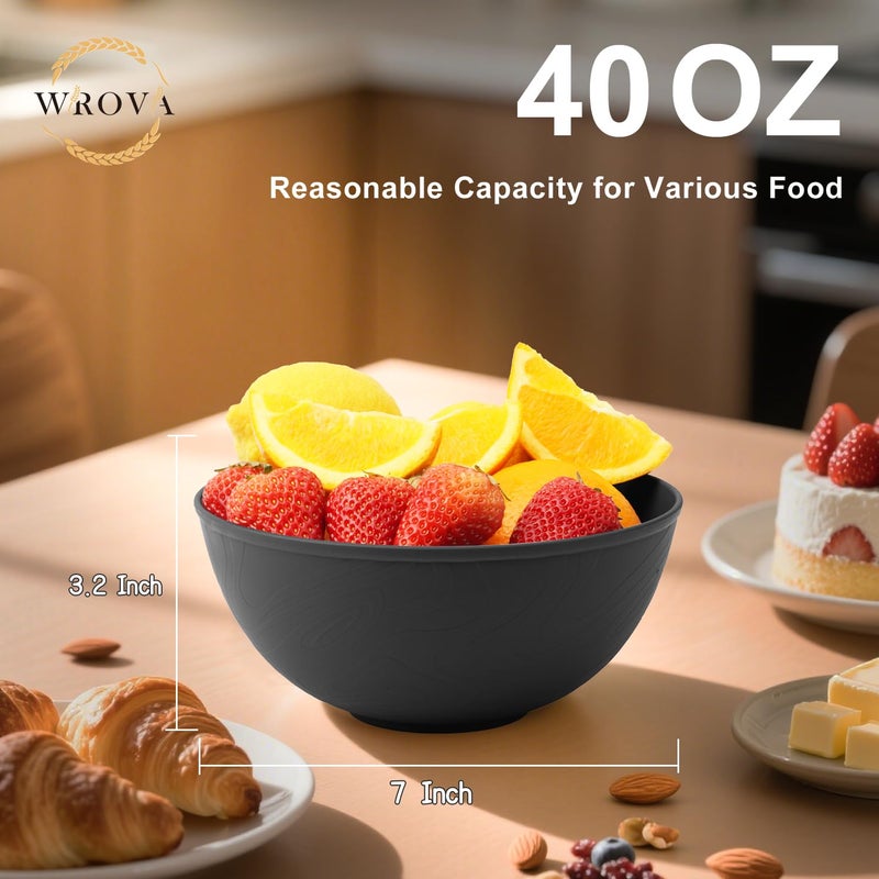 Wrova Black Cereal Bowls 40oz for Cereal Lover,Unbreakable Alternative Plastic Bowls Set of 6,Extra Thick Anti-Scald Bowl Sets suitable for Salad,Soup and Fruit. - Image 2