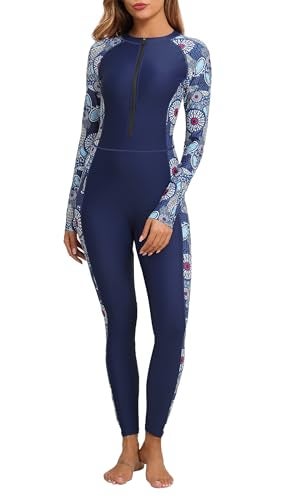 ALLTOKE Womens Full Body Rash Guard with Built in Bra Long Sleeve One Piece Swimsuit Upf50+ Zip Front Bathing Suit Navy Blue Paisley M - Image 1