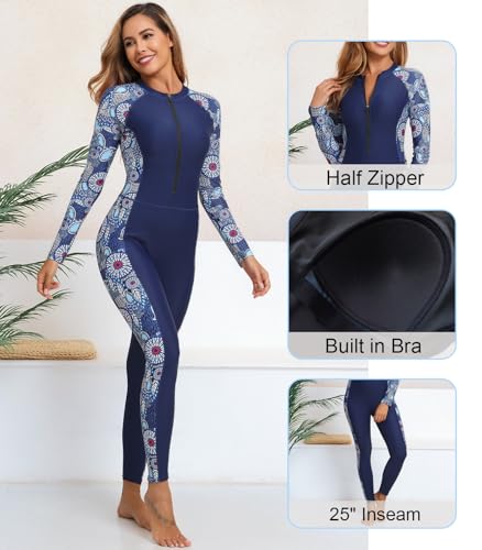 ALLTOKE Womens Full Body Rash Guard with Built in Bra Long Sleeve One Piece Swimsuit Upf50+ Zip Front Bathing Suit Navy Blue Paisley M - Image 4