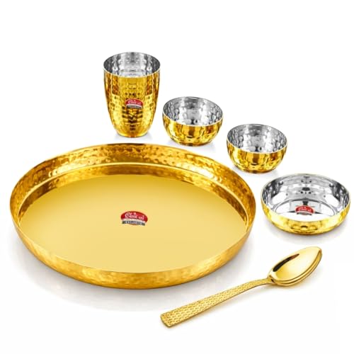 Classic Steels Buffet Gold Hammered Stainless Steel Dinner Set (6 Pieces) | Premium Royal Thali Set with 1 Plate, 3 Bowls, 1 Glass, 1 Spoon | Heavy Gauge Food-Grade Diningware for Home & Gifting - Image 1