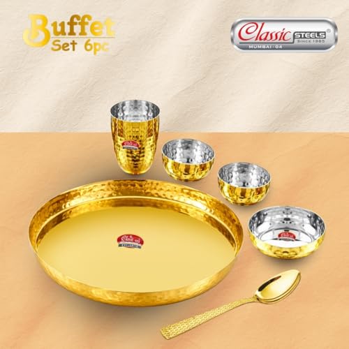 Classic Steels Buffet Gold Hammered Stainless Steel Dinner Set (6 Pieces) | Premium Royal Thali Set with 1 Plate, 3 Bowls, 1 Glass, 1 Spoon | Heavy Gauge Food-Grade Diningware for Home & Gifting - Image 2