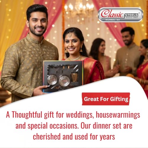 Classic Steels Buffet Gold Hammered Stainless Steel Dinner Set (6 Pieces) | Premium Royal Thali Set with 1 Plate, 3 Bowls, 1 Glass, 1 Spoon | Heavy Gauge Food-Grade Diningware for Home & Gifting - Image 5