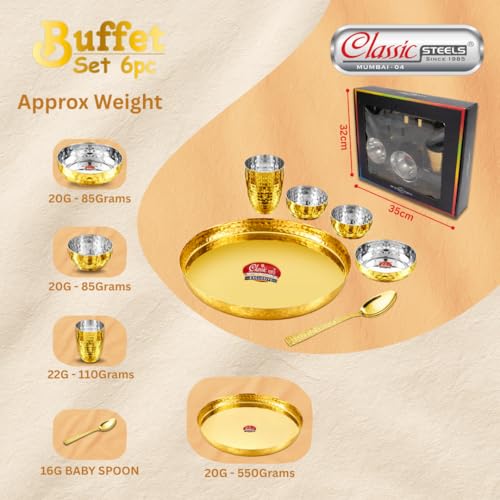 Classic Steels Buffet Gold Hammered Stainless Steel Dinner Set (6 Pieces) | Premium Royal Thali Set with 1 Plate, 3 Bowls, 1 Glass, 1 Spoon | Heavy Gauge Food-Grade Diningware for Home & Gifting - Image 3