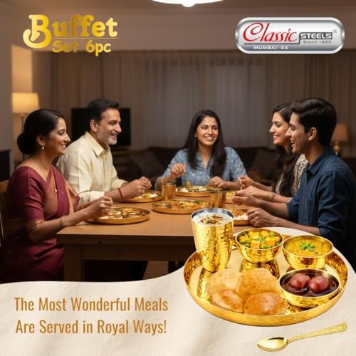 Classic Steels Buffet Gold Hammered Stainless Steel Dinner Set (6 Pieces) | Premium Royal Thali Set with 1 Plate, 3 Bowls, 1 Glass, 1 Spoon | Heavy Gauge Food-Grade Diningware for Home & Gifting - Image 4