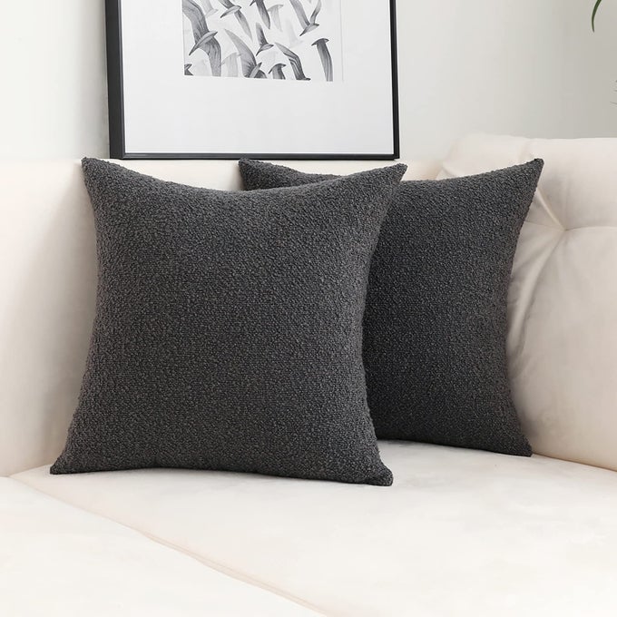 GRAPHITE GREY DECORATIVE SQUARE THICK ACCENT THROW PILLOW COVERS FINE TEXTURED BOUCLE COUCH CUSHION CASE FOR LIVING ROOM SOFA HOME DECOR SET OF 2 18 X 18 INCH