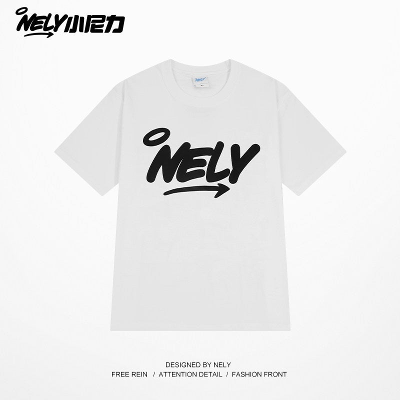 NELY 2025 summer fashion brand new loose cotton 260g short-sleeved T-shirt men's and women's letter couple top - Image 1