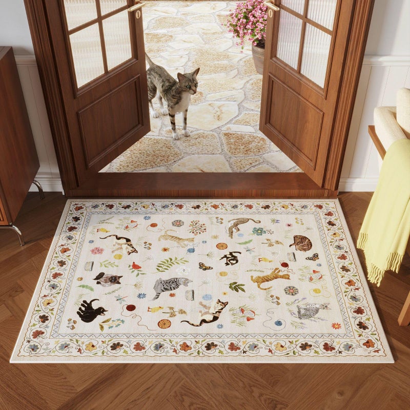 Rugcomf Door Mat Indoor Entrance 2x3 Rug Machine Washable Boho Floral Animal Cat Small Area Rug Non-Slip Low Pile Throw Rugs for Entryway Kitchen Front Door Indoor Entrance Entry Kids Room, Beige - Image 2
