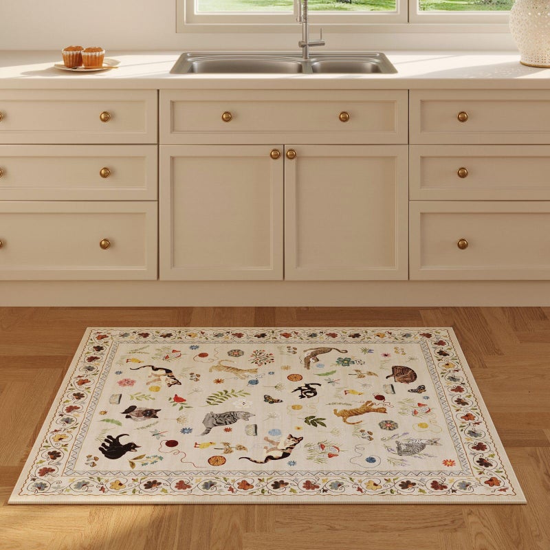 Rugcomf Door Mat Indoor Entrance 2x3 Rug Machine Washable Boho Floral Animal Cat Small Area Rug Non-Slip Low Pile Throw Rugs for Entryway Kitchen Front Door Indoor Entrance Entry Kids Room, Beige - Image 4