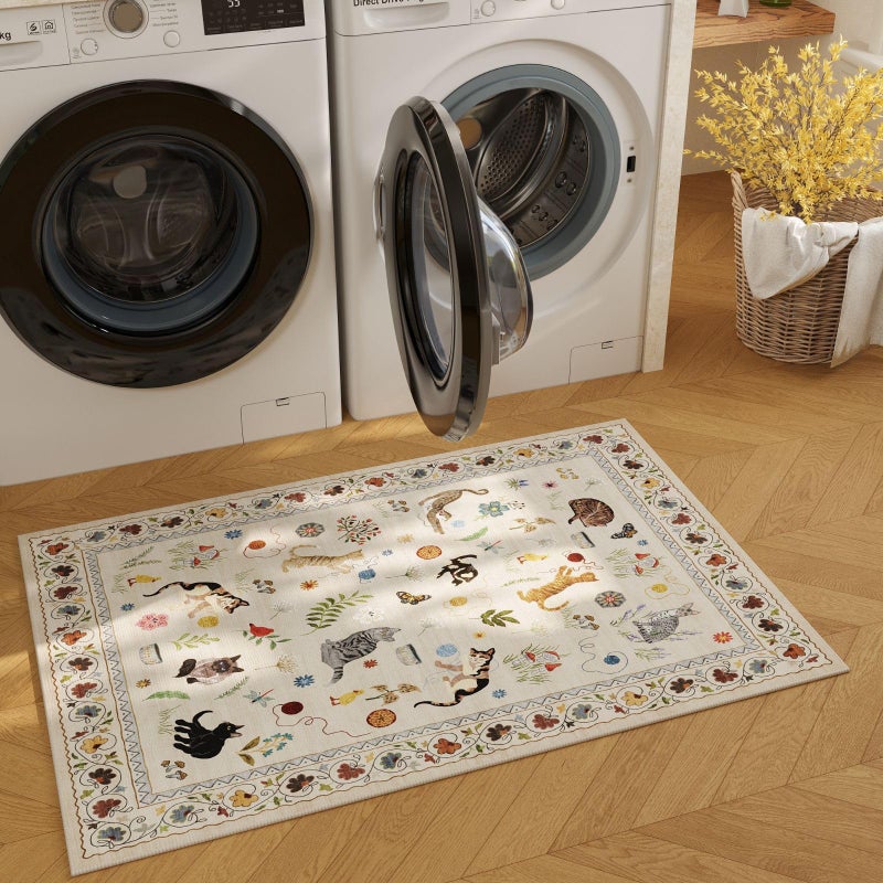 Rugcomf Door Mat Indoor Entrance 2x3 Rug Machine Washable Boho Floral Animal Cat Small Area Rug Non-Slip Low Pile Throw Rugs for Entryway Kitchen Front Door Indoor Entrance Entry Kids Room, Beige - Image 5