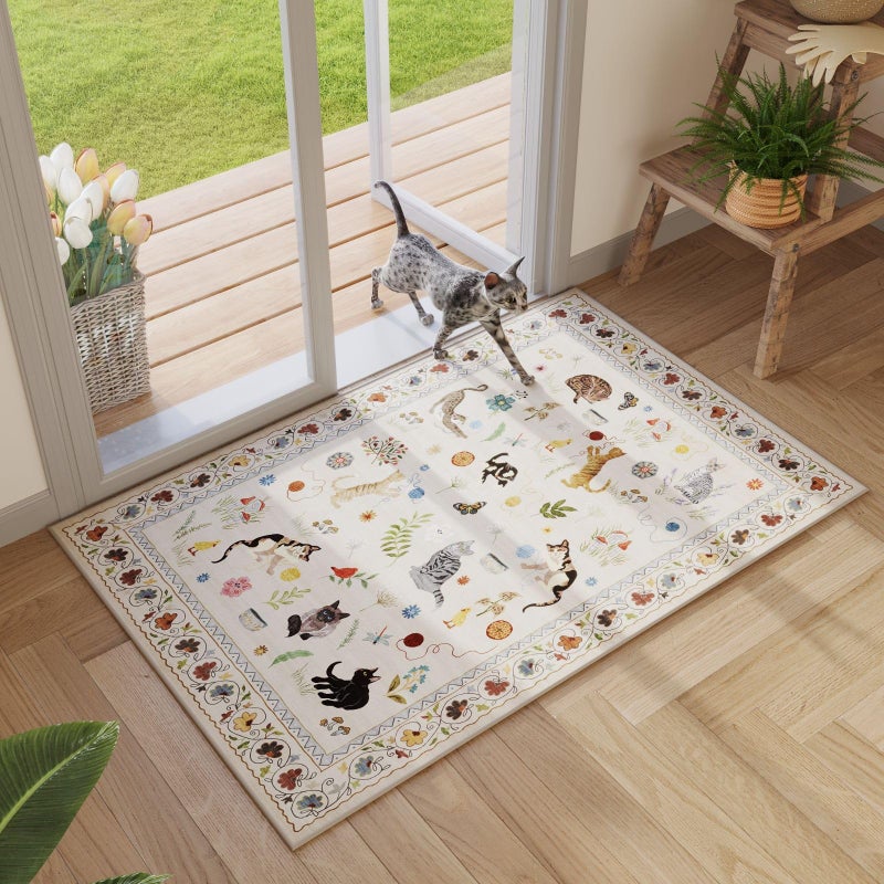 Rugcomf Door Mat Indoor Entrance 2x3 Rug Machine Washable Boho Floral Animal Cat Small Area Rug Non-Slip Low Pile Throw Rugs for Entryway Kitchen Front Door Indoor Entrance Entry Kids Room, Beige - Image 1