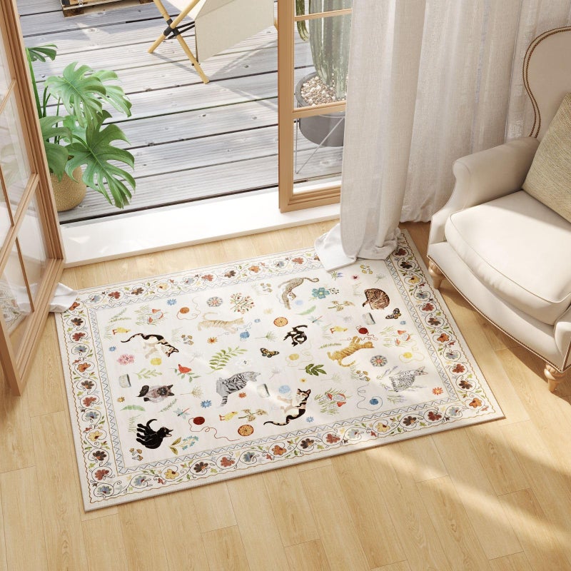 Rugcomf Door Mat Indoor Entrance 2x3 Rug Machine Washable Boho Floral Animal Cat Small Area Rug Non-Slip Low Pile Throw Rugs for Entryway Kitchen Front Door Indoor Entrance Entry Kids Room, Beige - Image 3