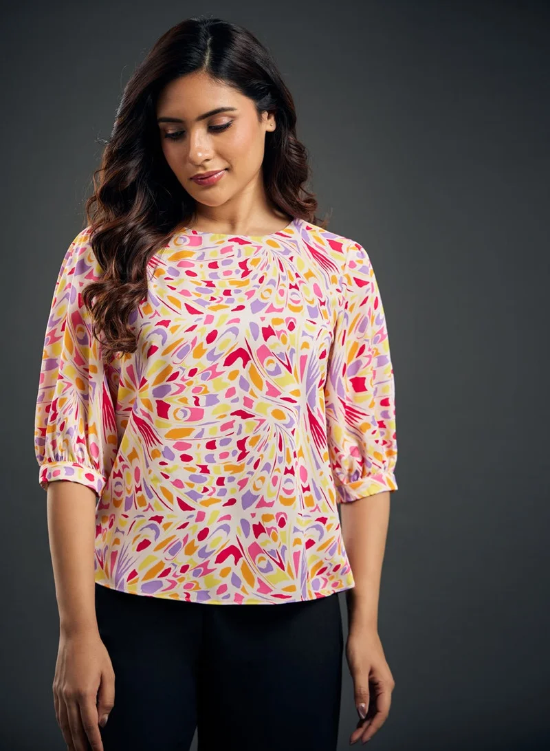 Zigzag Half Sleeve Printed Chiffon Peach Top