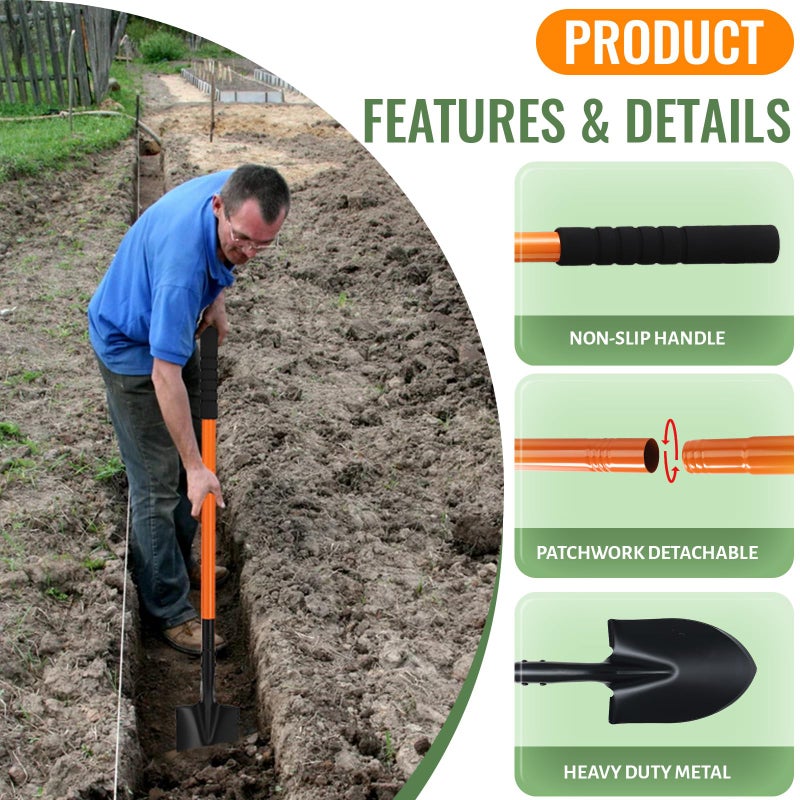ABtool Small Shovels for Digging, Garden Spade Shovel Beach Shovels with 43.3in Handle,Heavy Duty Portable Metal Shovel for Gardening Camping Trenching Digging Landscaping,Off-Road Use, Orange - Image 2