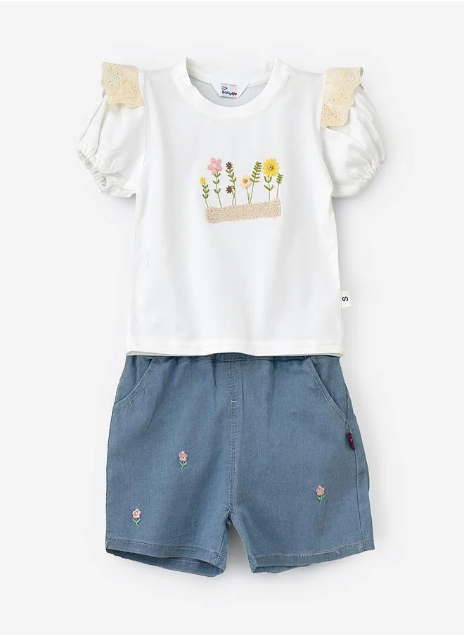 babyqlo Floral Puff Sleeve Top & Denim Set