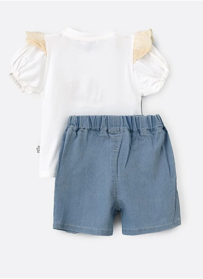 babyqlo Floral Puff Sleeve Top & Denim Set