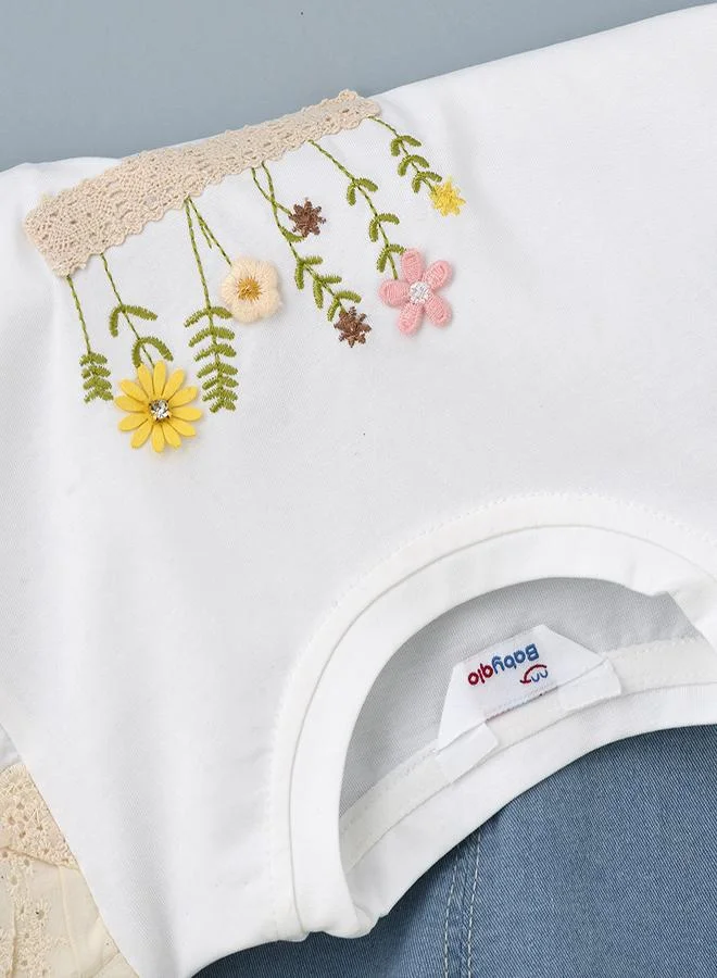 babyqlo Floral Puff Sleeve Top & Denim Set