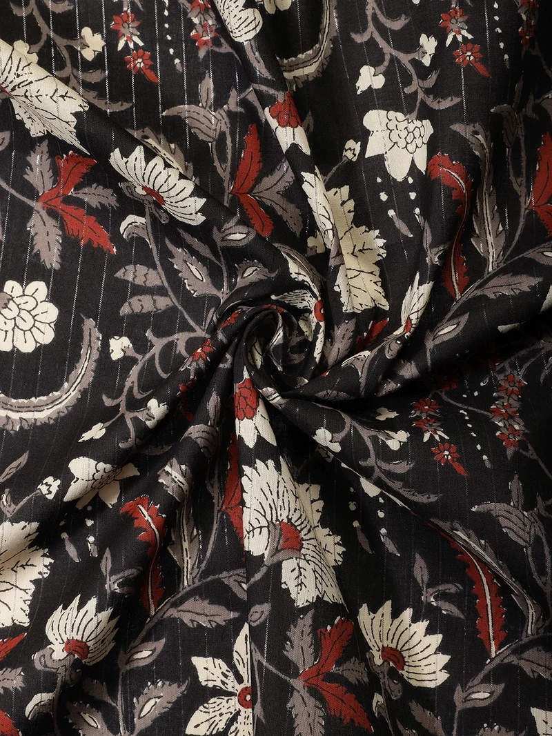 أيه كيه إس Black Floral Block Print Fabric One Meter
