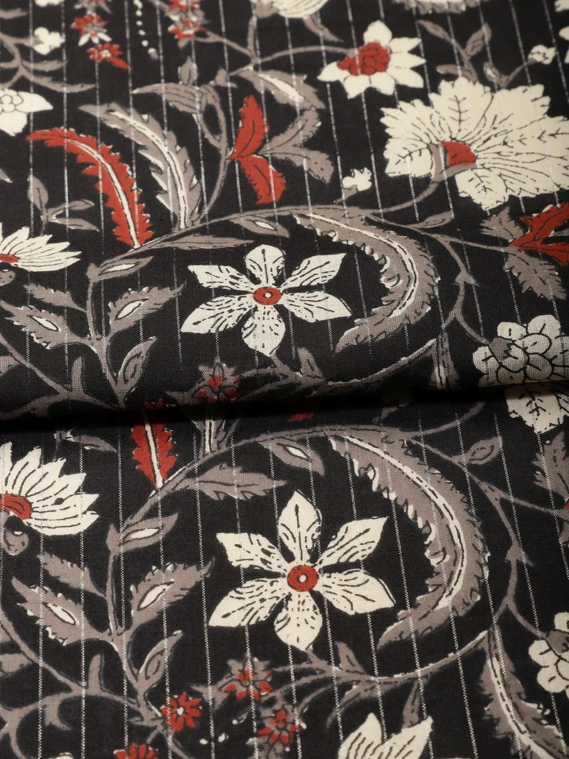 أيه كيه إس Black Floral Block Print Fabric One Meter