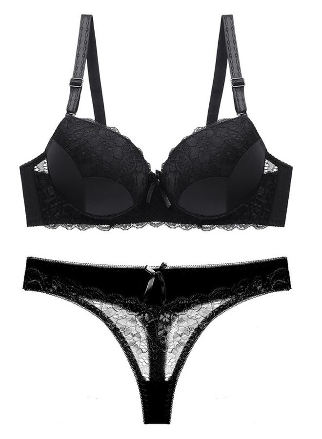 Comfy Solid Color C D Cup Thin Cup Lace Bra Panty Set Women's Plus Size Underwear Set Black