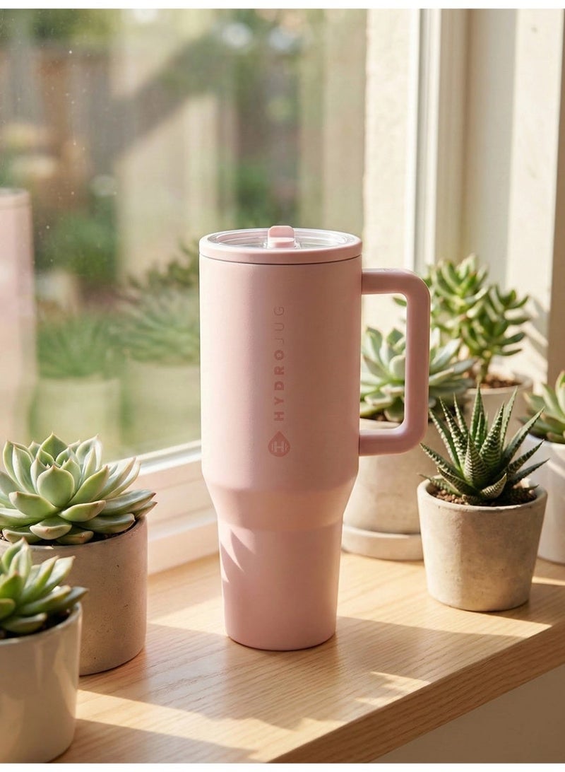 HydroJug Traveler - 32oz Water Bottle with Handle & Flip Straw - Cup Holder Friendly, Leak-Resistant, Reusable Insulated Stainless Steel with Rubber Base - Gift for Women & Men, Pink Sand - Image 4