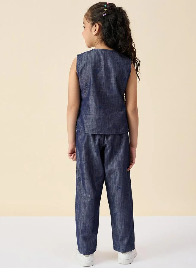 Stylo Bug Embroidery V-Neck Sleeveless Top and Pants Set by Styli