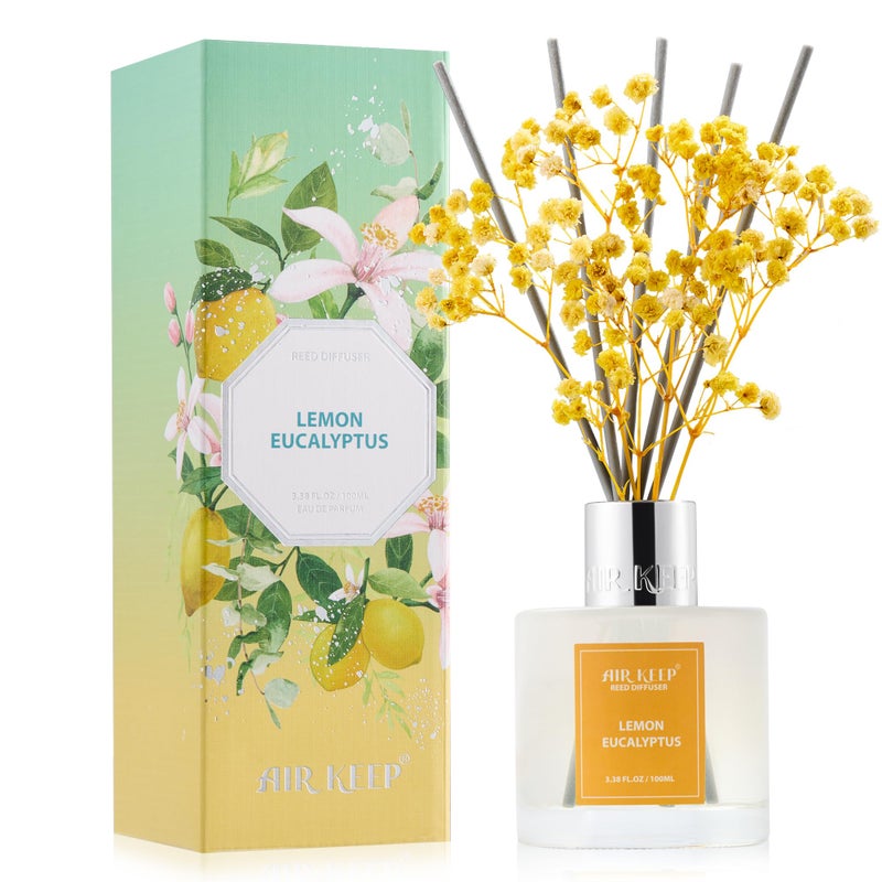 Airkeep Reed Diffuser Set,3.38 fl oz (100 ml) - Lemon Eucalyptus Oil Diffusers with 8 Reed Sticks, Home Fragrance Reed Diffuser for Bathroom Shelf Decor - Image 1