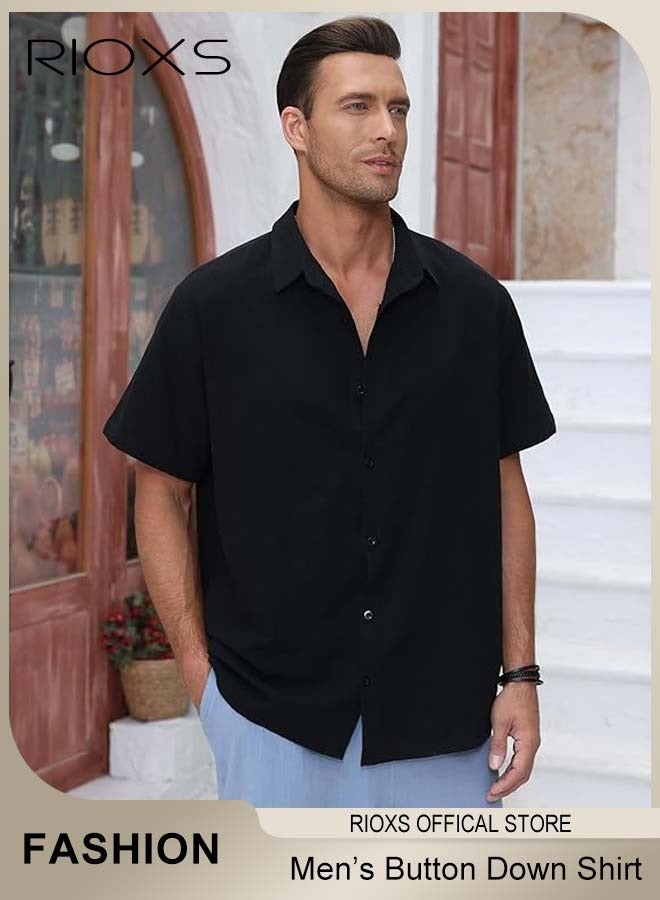 RIOXS Men's Short Sleeve Shirts, Loose Linen Cotton Casual Button Down Shirts for Men, Comfortable Lightweight Summer Basic Shirts, Breathable Quick-Dry Moisture Wicking Solid Blouses, for Work Travel and Daily Wear, Black - Image 1