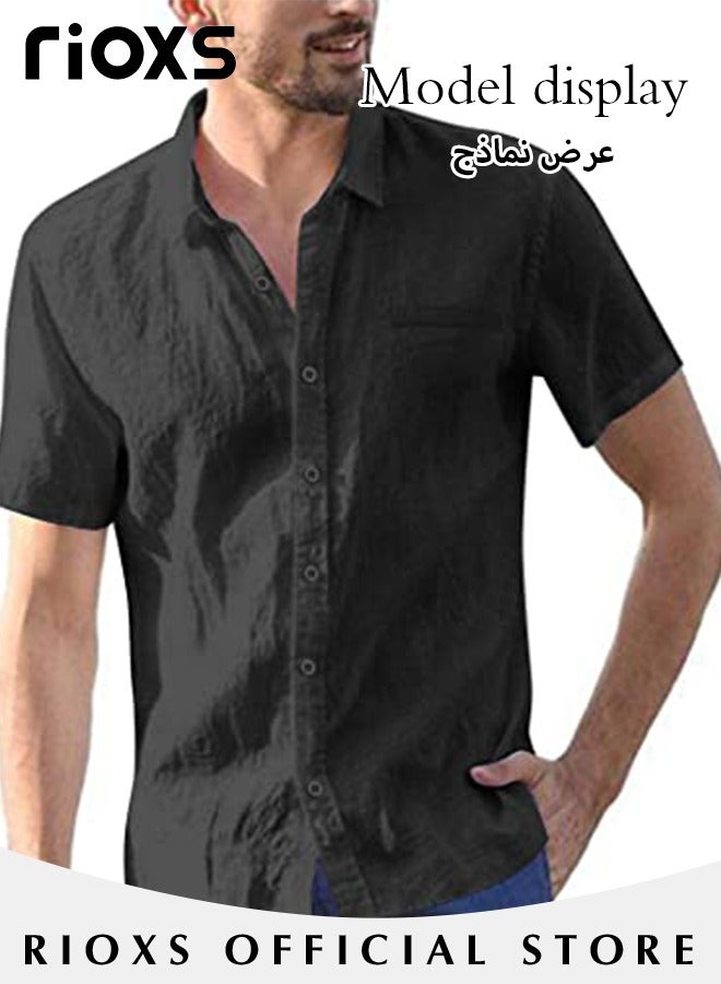 RIOXS Men's Short Sleeve Shirts, Loose Linen Cotton Casual Button Down Shirts for Men, Comfortable Lightweight Summer Basic Shirts, Breathable Quick-Dry Moisture Wicking Solid Blouses, for Work Travel and Daily Wear, Black - Image 3