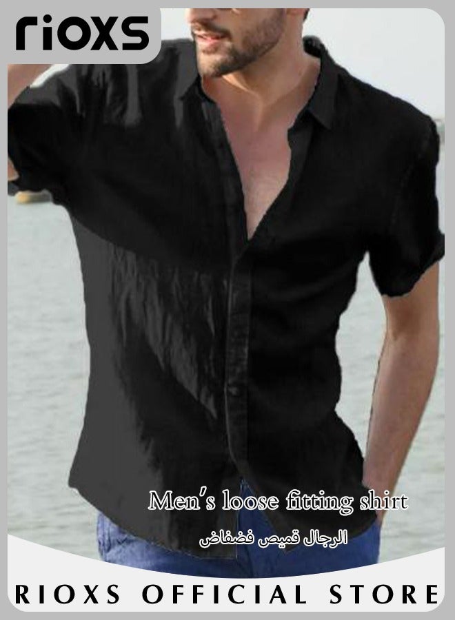 RIOXS Men's Short Sleeve Shirts, Loose Linen Cotton Casual Button Down Shirts for Men, Comfortable Lightweight Summer Basic Shirts, Breathable Quick-Dry Moisture Wicking Solid Blouses, for Work Travel and Daily Wear, Black - Image 4