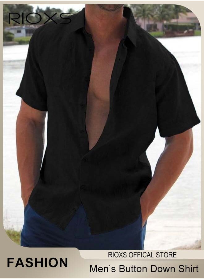 RIOXS - Men's Short Sleeve Henley Shirt, Loose Linen Cotton Button-Up Tops, Casual Beach Shirt For Men, Comfy Breathable Shirt For Travel Hawaii Work And Daily Wear, Button Down Shirt As Gifts For Grandfather/ Dad/ Boyfrind/ Husband - Image 1