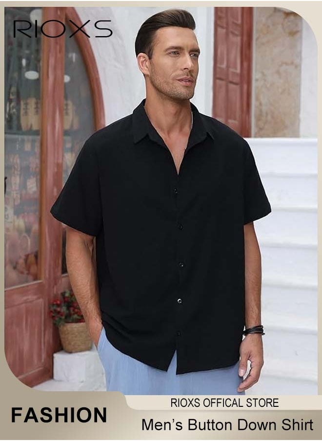 RIOXS - Men's Short Sleeve Henley Shirt, Loose Linen Cotton Button-Up Tops, Casual Beach Shirt For Men, Comfy Breathable Shirt For Travel Hawaii Work And Daily Wear, Button Down Shirt As Gifts For Grandfather/ Dad/ Boyfrind/ Husband - Image 1