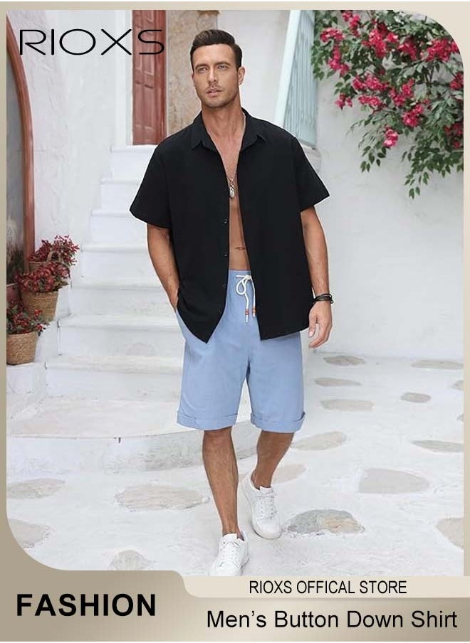 RIOXS - Men's Short Sleeve Henley Shirt, Loose Linen Cotton Button-Up Tops, Casual Beach Shirt For Men, Comfy Breathable Shirt For Travel Hawaii Work And Daily Wear, Button Down Shirt As Gifts For Grandfather/ Dad/ Boyfrind/ Husband - Image 1