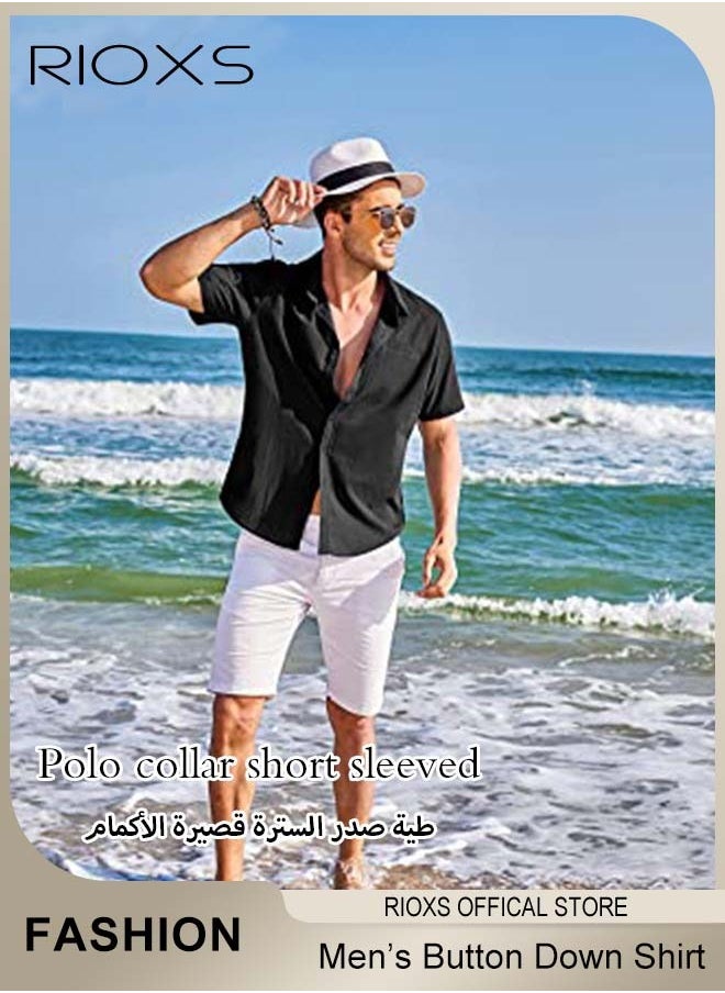 RIOXS - Men's Short Sleeve Henley Shirt, Loose Linen Cotton Button-Up Tops, Casual Beach Shirt For Men, Comfy Breathable Shirt For Travel Hawaii Work And Daily Wear, Button Down Shirt As Gifts For Grandfather/ Dad/ Boyfrind/ Husband - Image 1