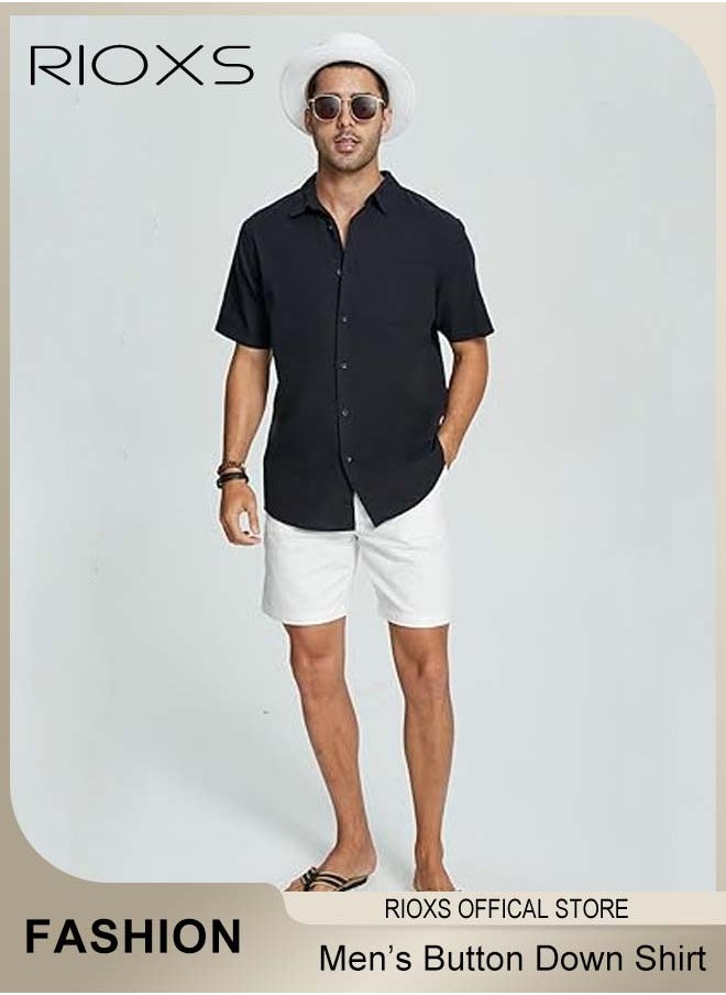 RIOXS - Men's Short Sleeve Henley Shirt, Loose Linen Cotton Button-Up Tops, Casual Beach Shirt For Men, Comfy Breathable Shirt For Travel Hawaii Work And Daily Wear, Button Down Shirt As Gifts For Grandfather/ Dad/ Boyfrind/ Husband - Image 1