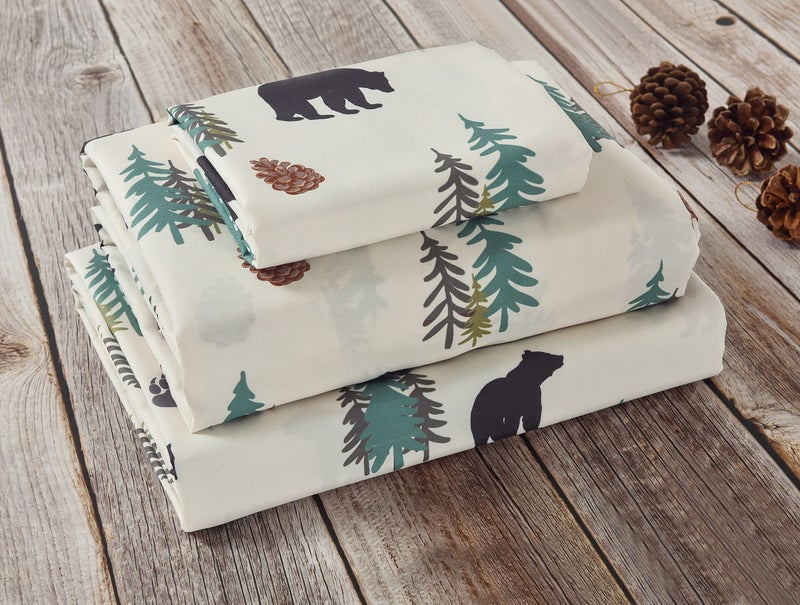 De Leon Collections Sunland Bear Pine Tree Evergreen Forest Sheet and Pillowcase Set Size King 4Piece Sheet and Pillowcase Set