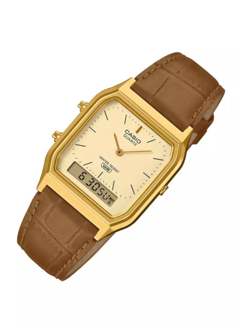 Casio Retro Analog-Digital Dual Time Watch with Leather Strap – Model AQ-230EGL-9A - Image 2