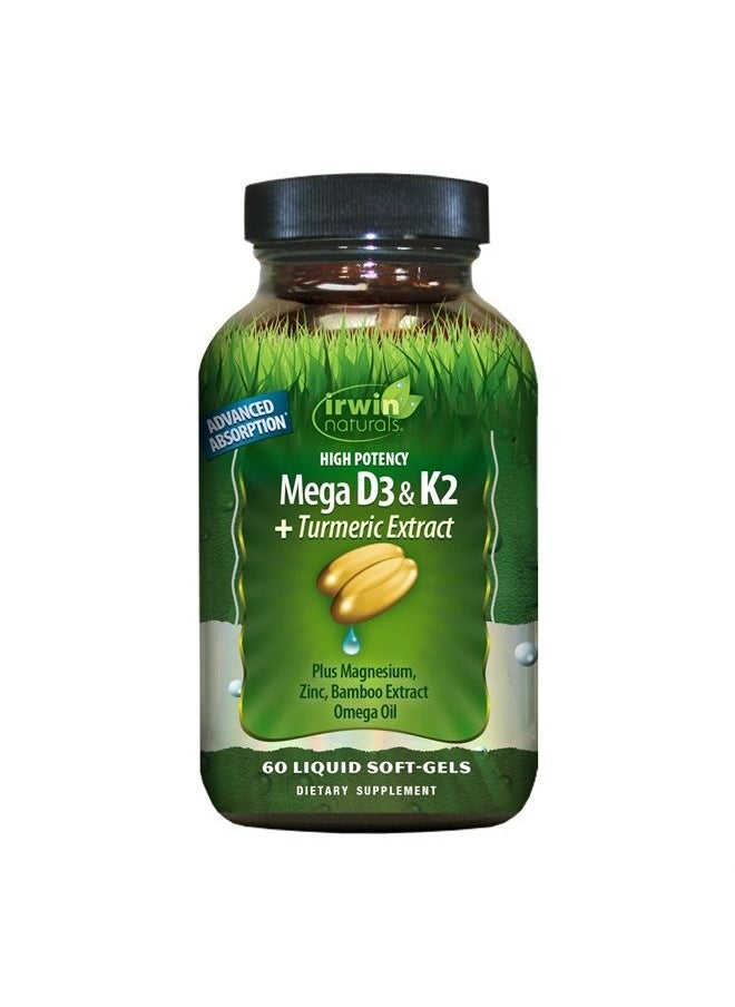 Irwin Naturals High Potency Mega D3 & K2 + Turmeric Extract for Healthy Bones, Immune Function & Positive Mood - Advanced Absorption with Magnesium, Turmeric, Bamboo & Omega Oil - 60 Liquid Softgels  - Image 1