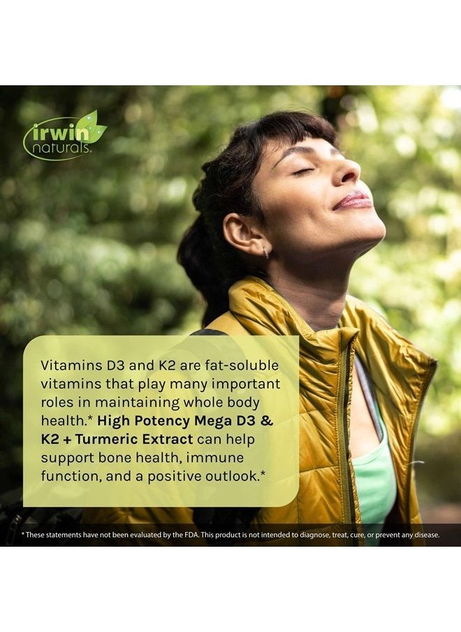 Irwin Naturals High Potency Mega D3 & K2 + Turmeric Extract for Healthy Bones, Immune Function & Positive Mood - Advanced Absorption with Magnesium, Turmeric, Bamboo & Omega Oil - 60 Liquid Softgels  - Image 3
