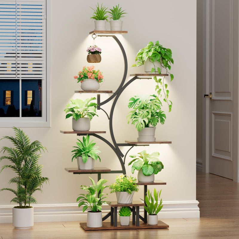 BACEKOLL Plant Stand Indoor with Grow Light: Lighted Plant Stands 54.6" Tall, 9 Tiered Large Plant Shelf for Indoor Growing, S-Shaped Flower Holder Display for Multiple Plants, Living Room, Patio (Black) - Image 1