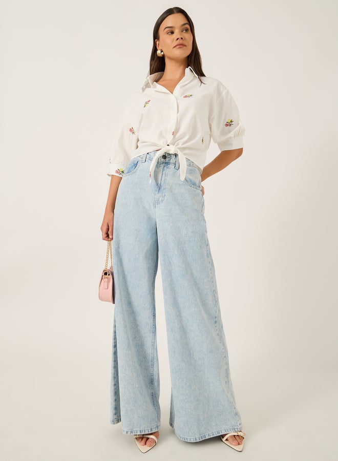 Styli Floral Embroidered 3/4 Sleeve Tie Front Regular Fit Shirt - Image 2