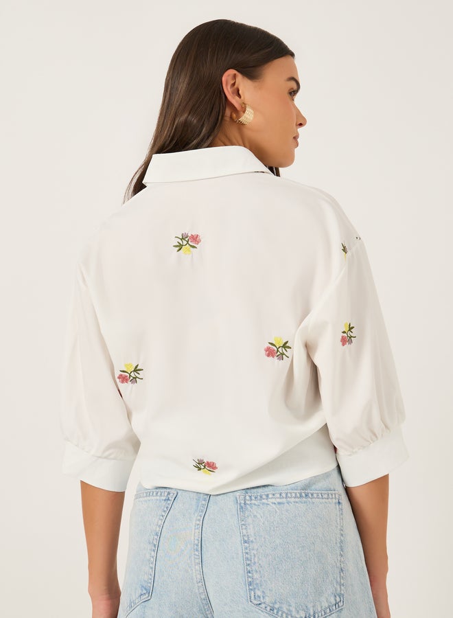 Styli Floral Embroidered 3/4 Sleeve Tie Front Regular Fit Shirt - Image 5